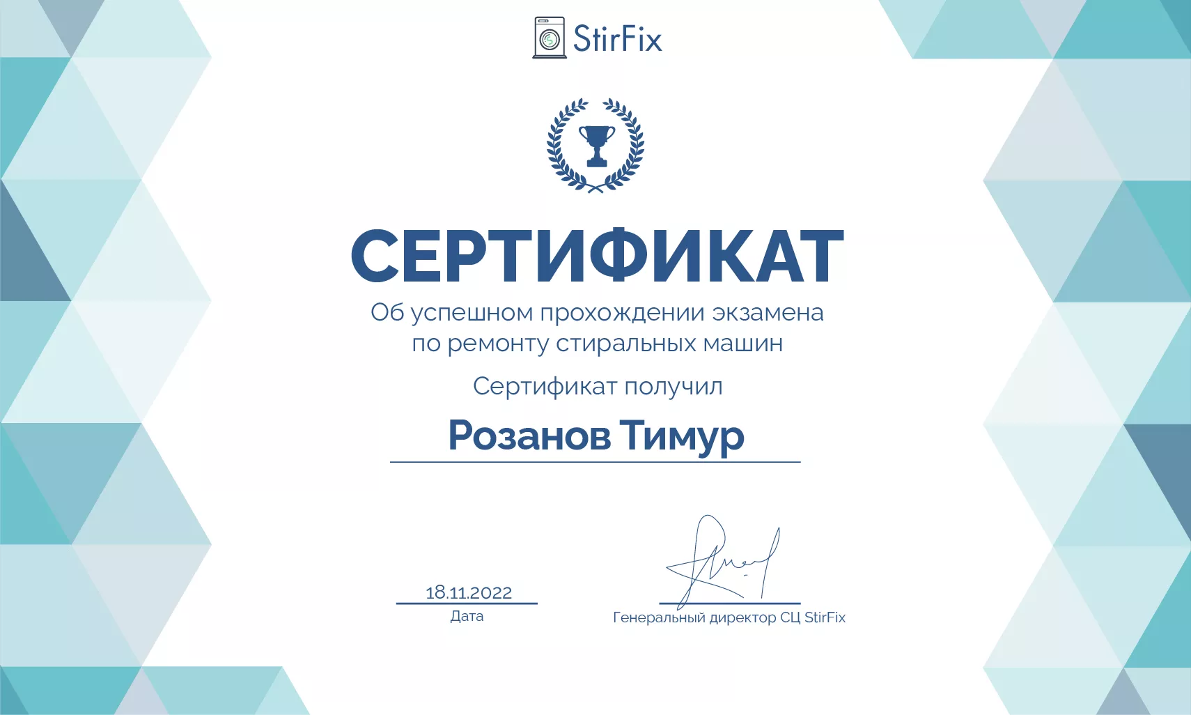 Розанов Тимур сертификат мастера по ремонту стиральных машин