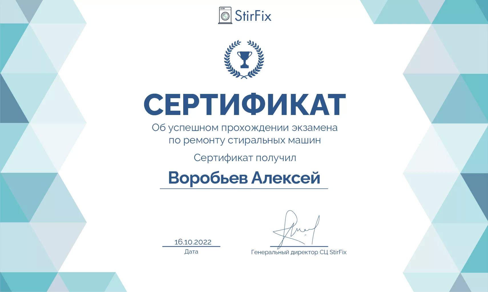Воробьев Алексей сертификат мастера по ремонту стиральных машин